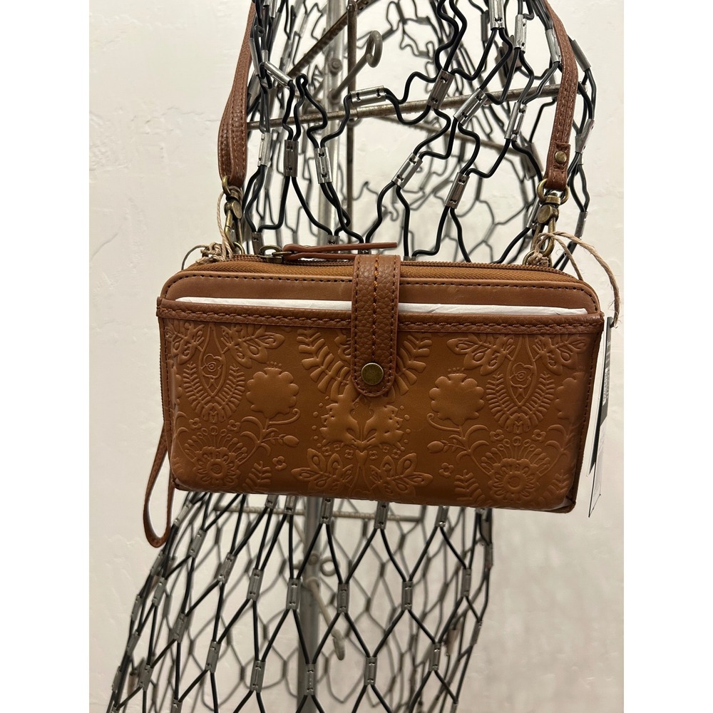 The Sak Iris Smartphone Crossbody Wallet Cognac Brown Floral Leather